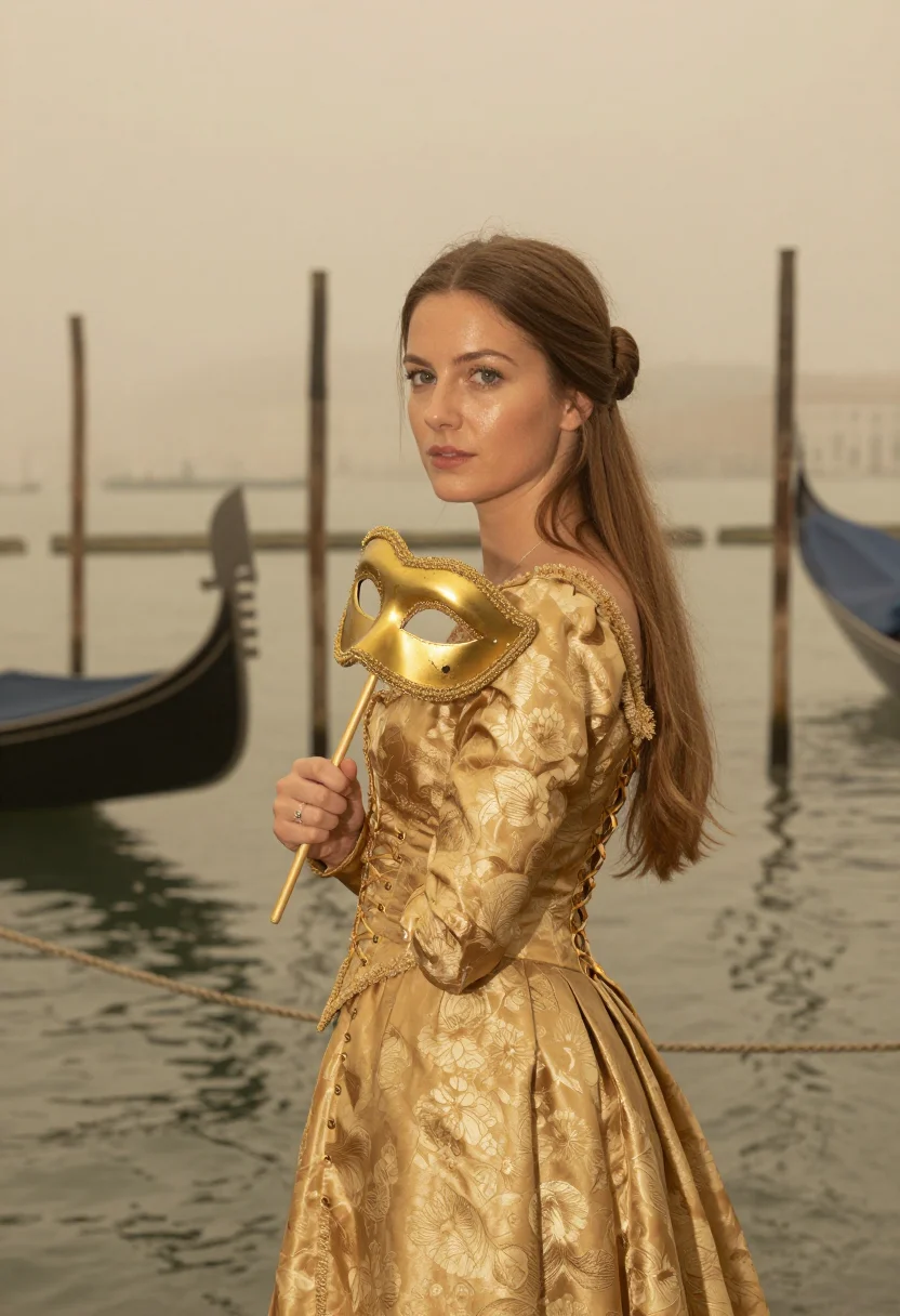 AI carnevale colombina gold fog sample — portrait of a woman, framed chest-up from the ribs with the