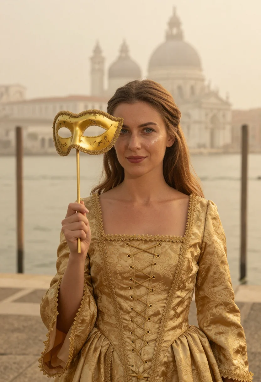 AI carnevale colombina gold fog sample — portrait of a woman, framed chest-up from the ribs with the