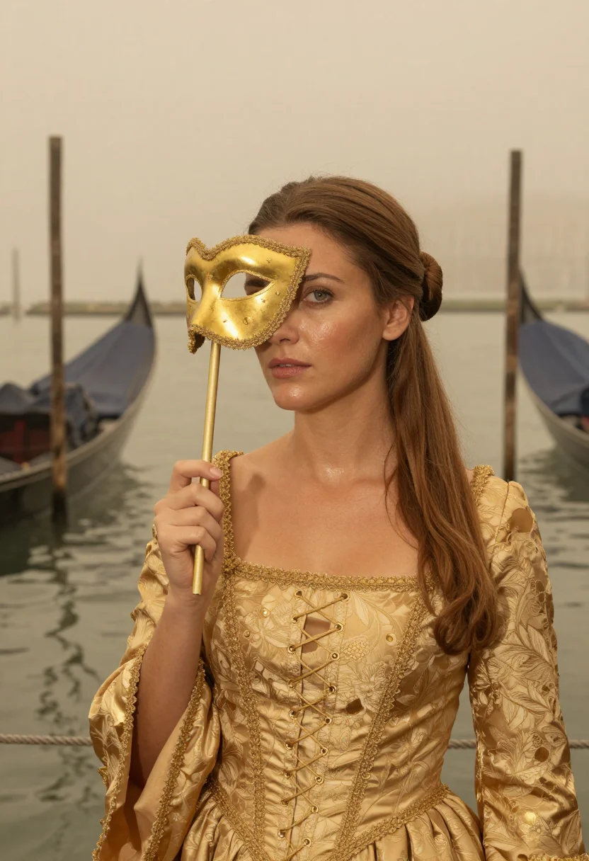 AI carnevale colombina gold fog sample — portrait of a woman, framed tight, head and shoulders, the b