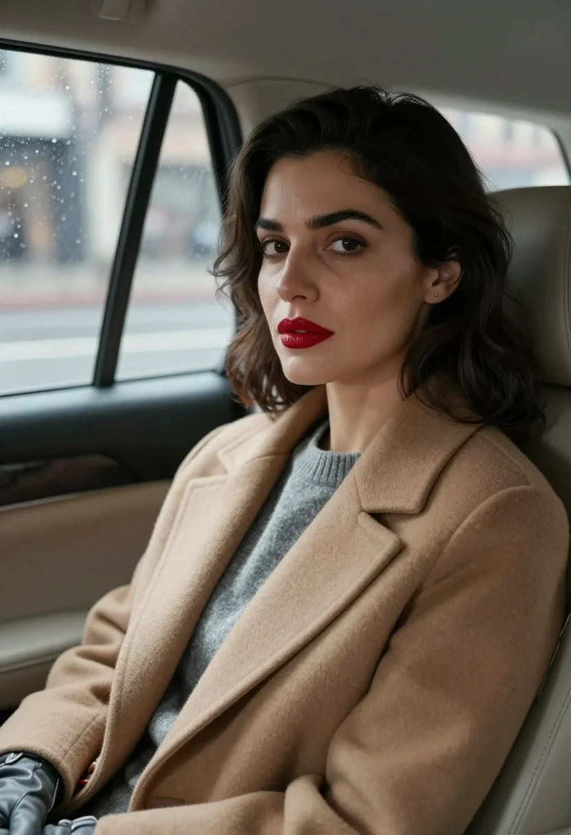AI carol frankenberg december red sample — portrait of a woman, framed tight, head and shoulders, the b