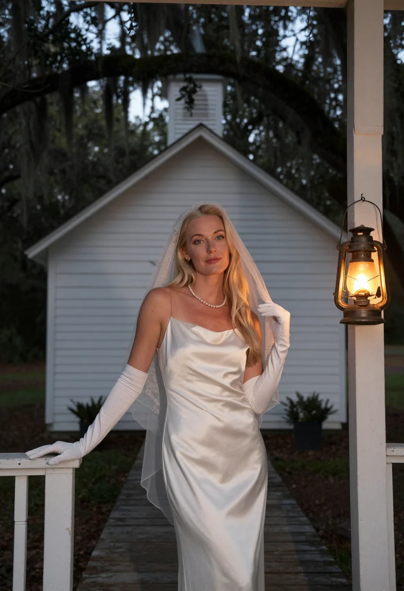 AI carolyn bessette sample — portrait of a woman, a waist-up photograph on a chapel porch