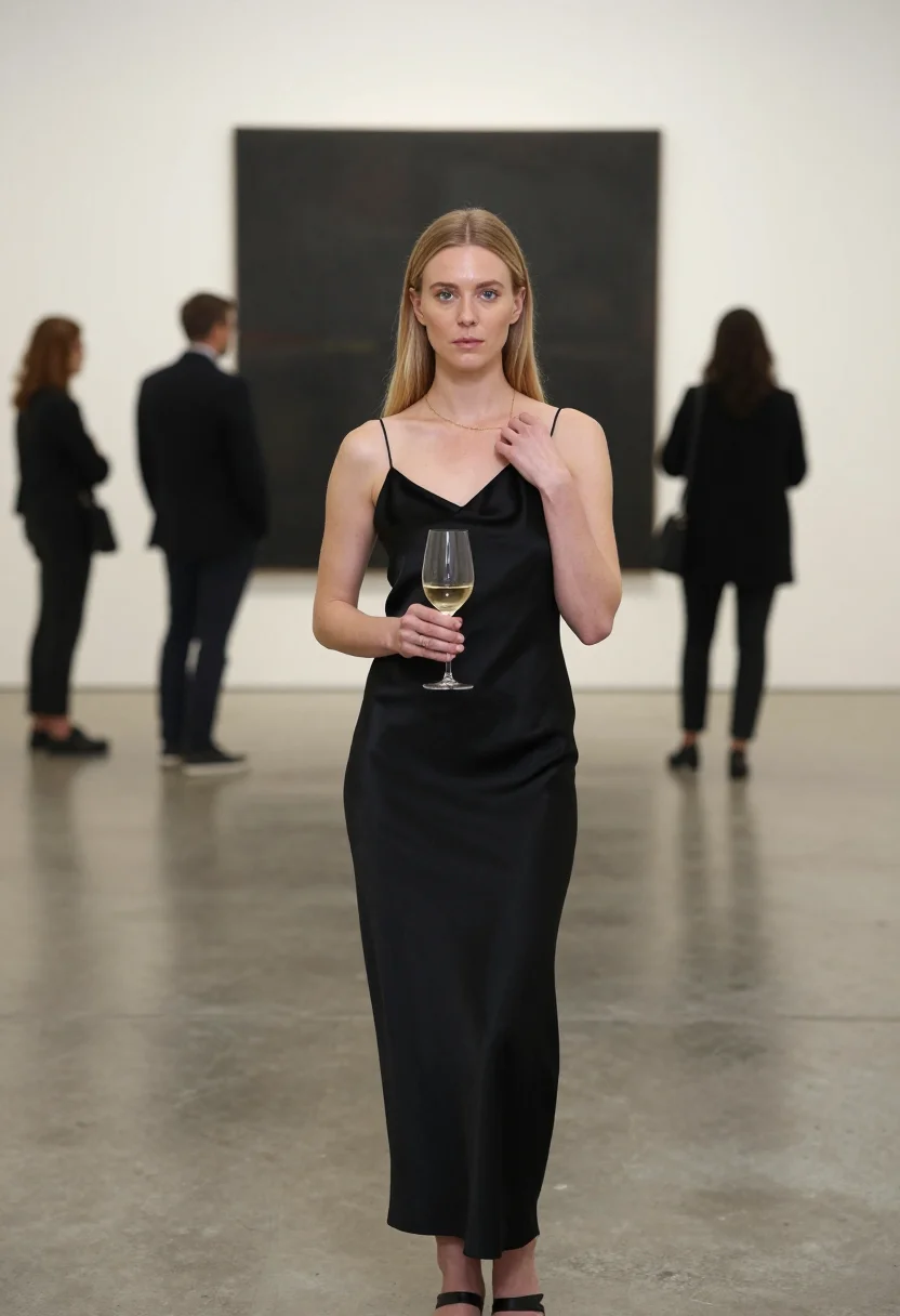 AI carolyn bessette sample — portrait of a woman, a waist-up photograph in a gallery room