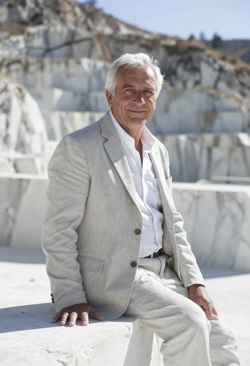 AI carrara geologist marble quarry white sample — portrait of a man, in his mid-sixties, with fair weathered s