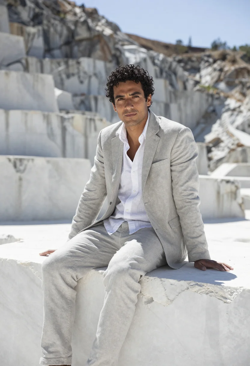 AI carrara geologist marble quarry white sample — portrait of a man, in his late twenties, with warm honey ski
