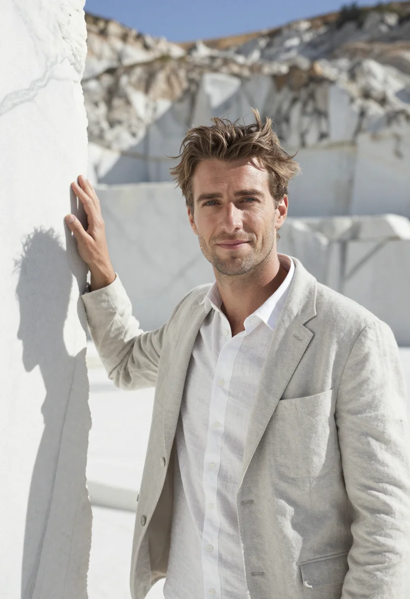 AI carrara geologist marble quarry white sample — portrait of a man, in his early thirties, with fair skin, bl