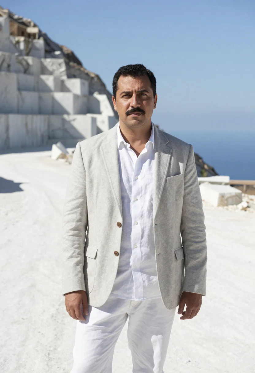 AI carrara geologist marble quarry white sample — portrait of a man, in his mid-forties, with honey-olive skin