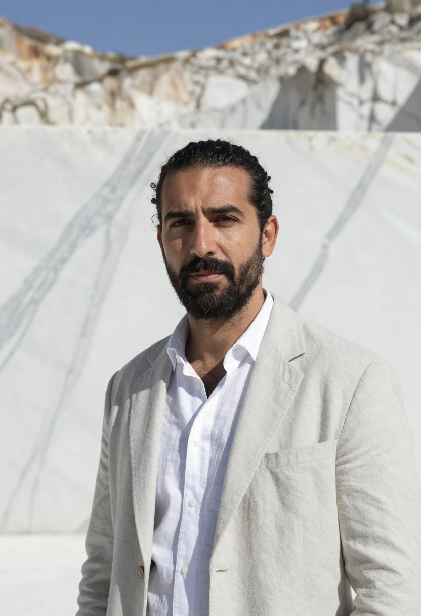 AI carrara geologist marble quarry white sample — portrait of a man, in his mid-forties, with warm olive skin,