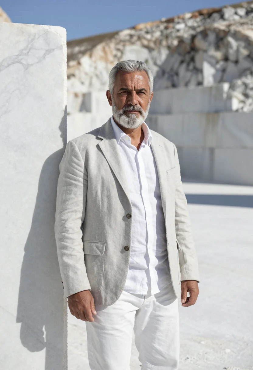 AI carrara geologist marble quarry white sample — portrait of a man, in his late fifties, with golden tan skin