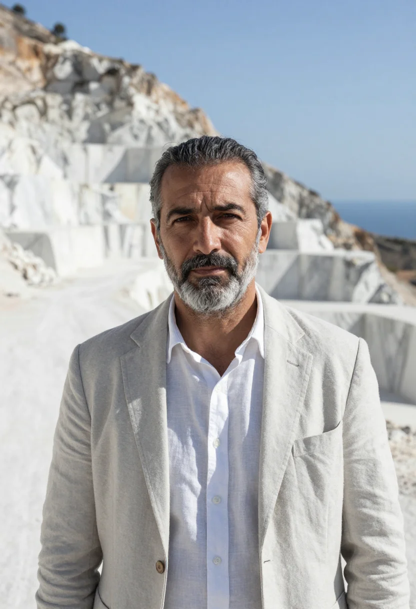 AI carrara geologist marble quarry white sample — portrait of a man, in his early fifties, with olive skin, da