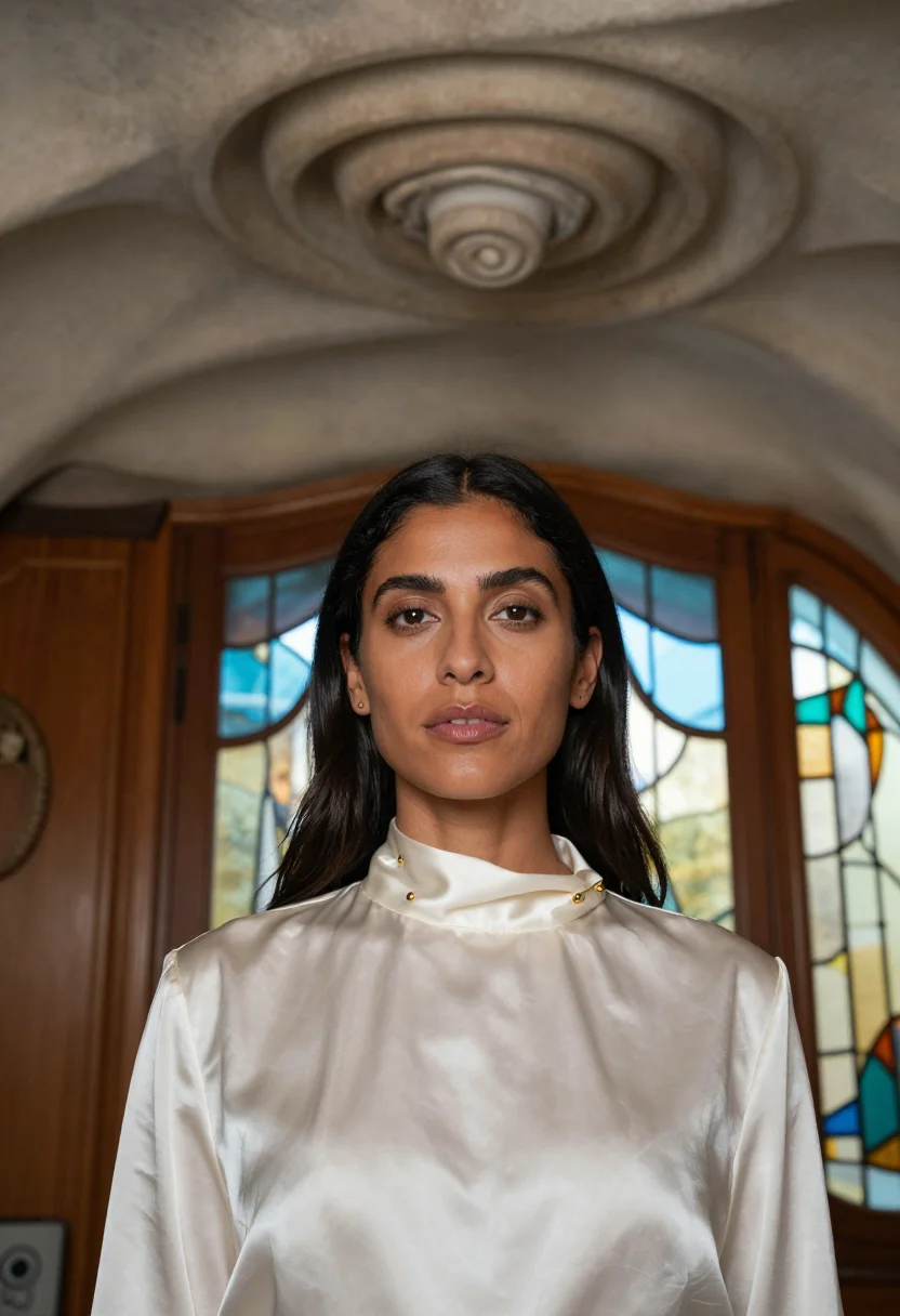 AI casa batllo sample — half-length portrait of a Latina woman with warm olive skin,