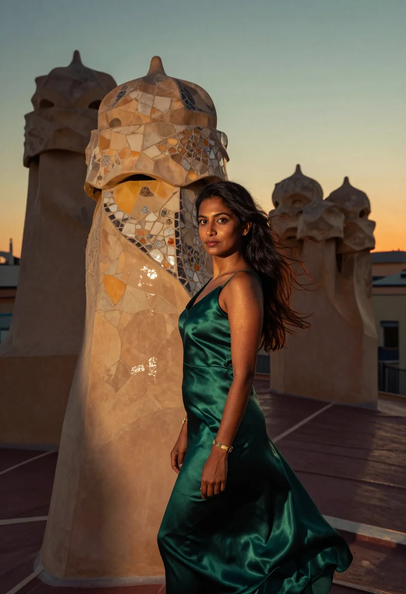 AI casa batllo sample — three-quarter-length portrait of a South-Asian woman with wa