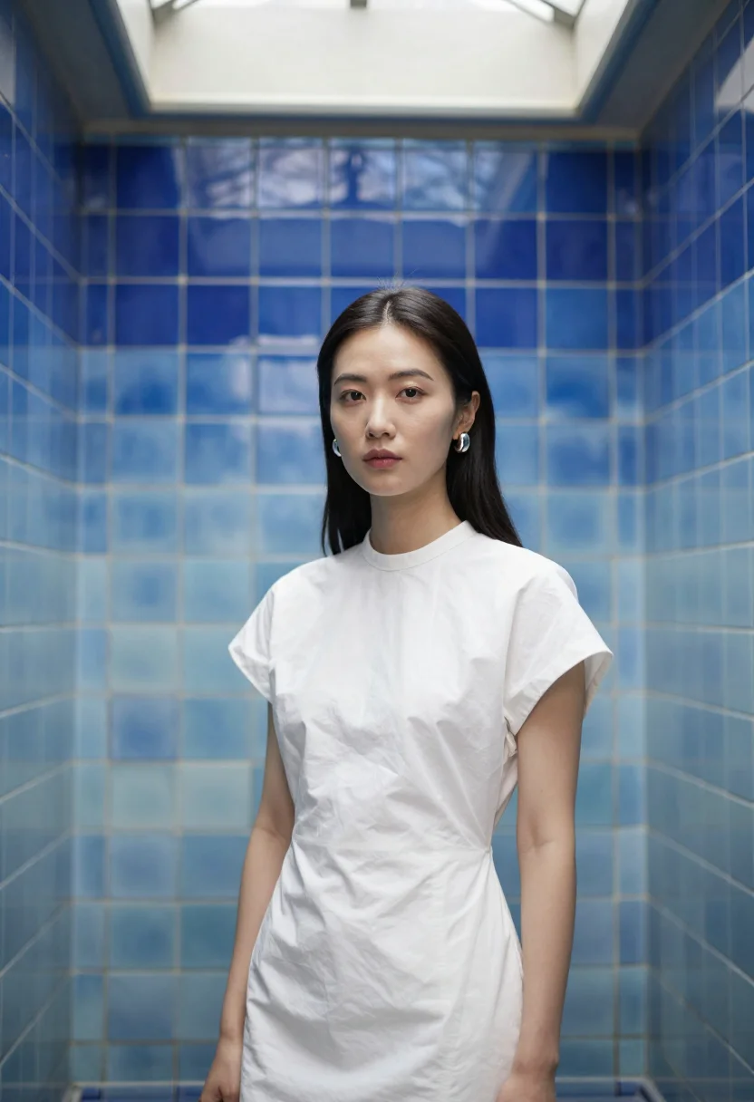 AI casa batllo sample — half-length three-quarter portrait of an East-Asian woman wi