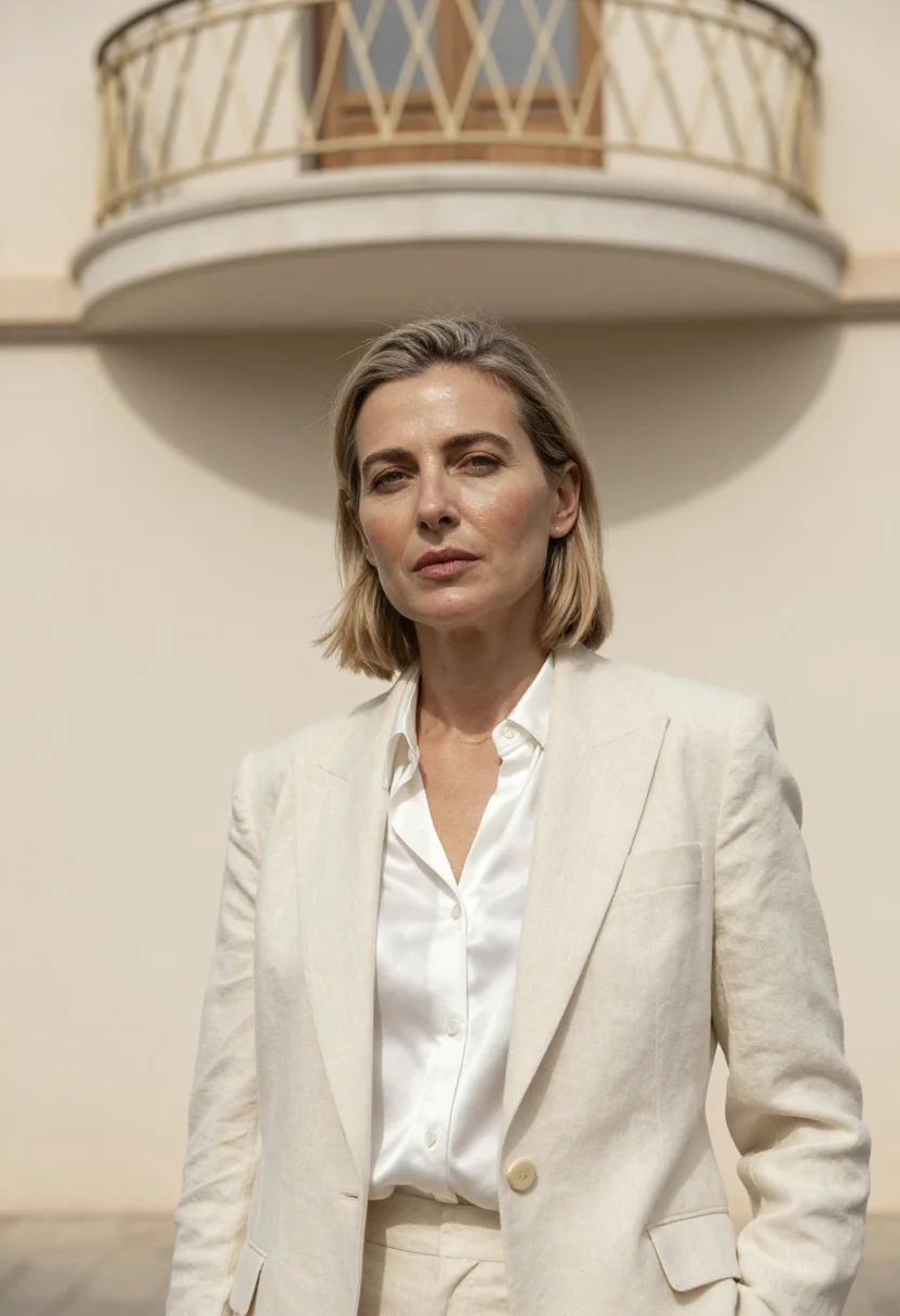 AI casablanca architect art deco cream sample — portrait of an architect, a French woman in her mid-forties