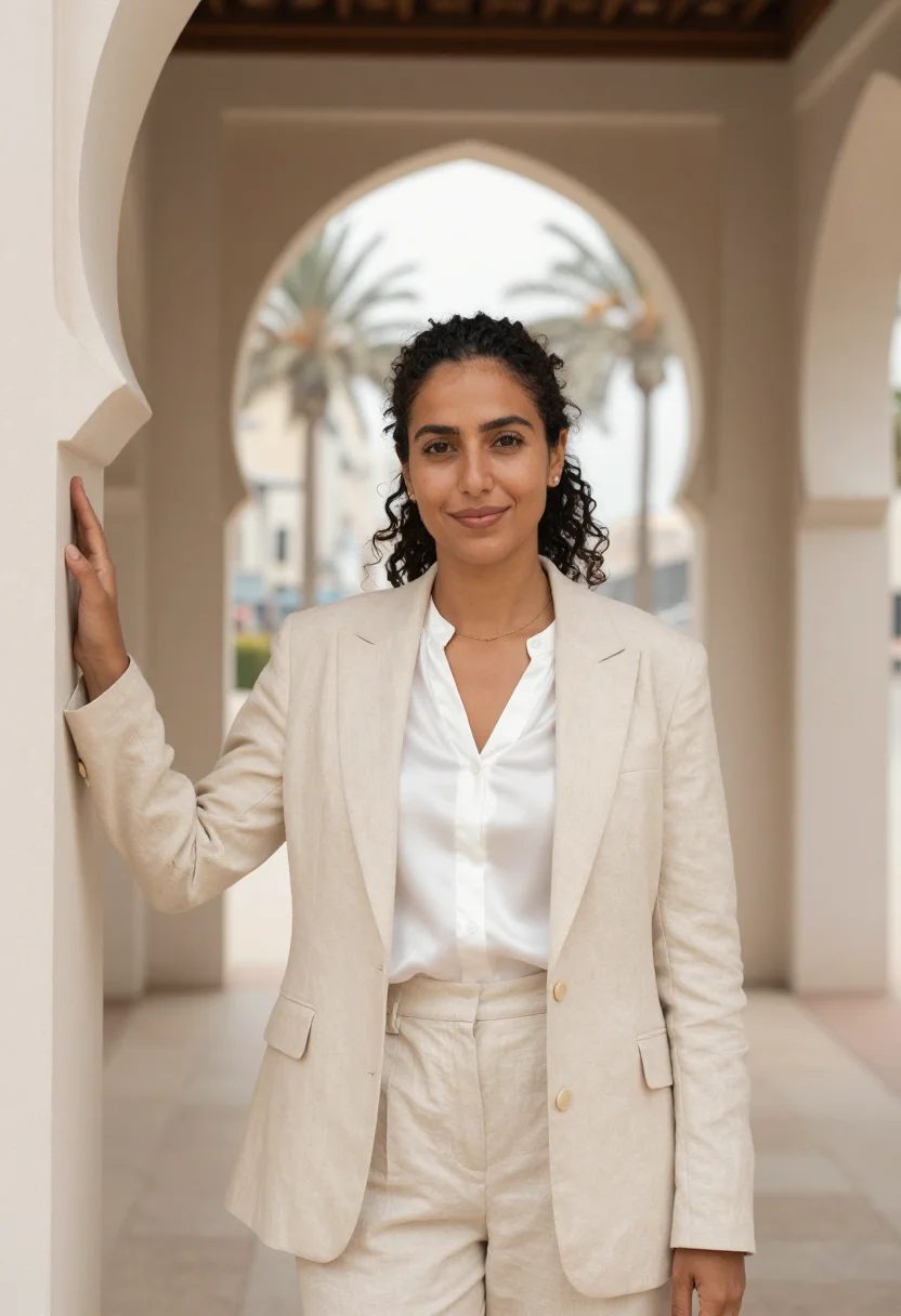 AI casablanca architect art deco cream sample — portrait of an architect, a Moroccan woman in her mid-thirti