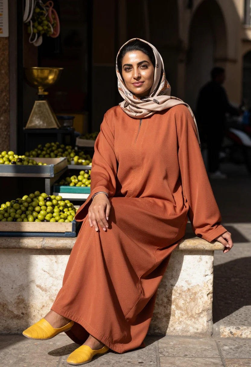 AI casablanca djellaba sample — portrait of a woman, seated full-figure portrait of a Morocc