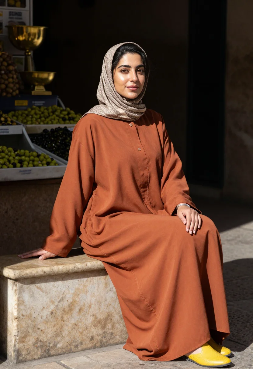 AI casablanca djellaba sample — portrait of a woman, seated three-quarter-figure portrait of
