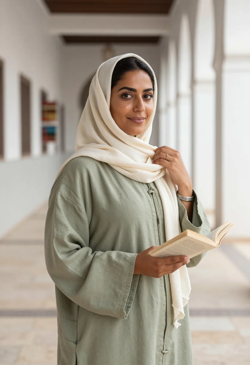 AI casablanca djellaba sample — portrait of a woman, chest-up three-quarter portrait of a Mo