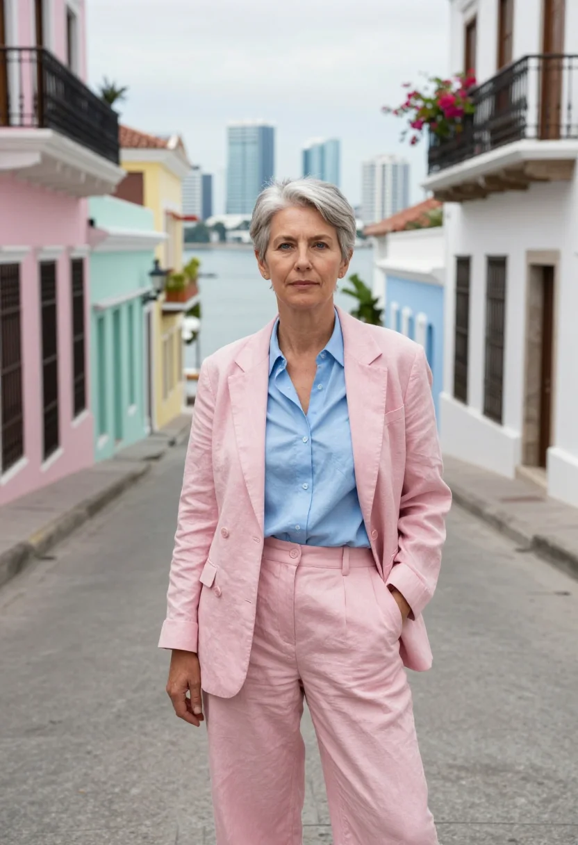 AI casco viejo architect pastel palette sample — portrait of a woman, an English architect in her mid-fifties