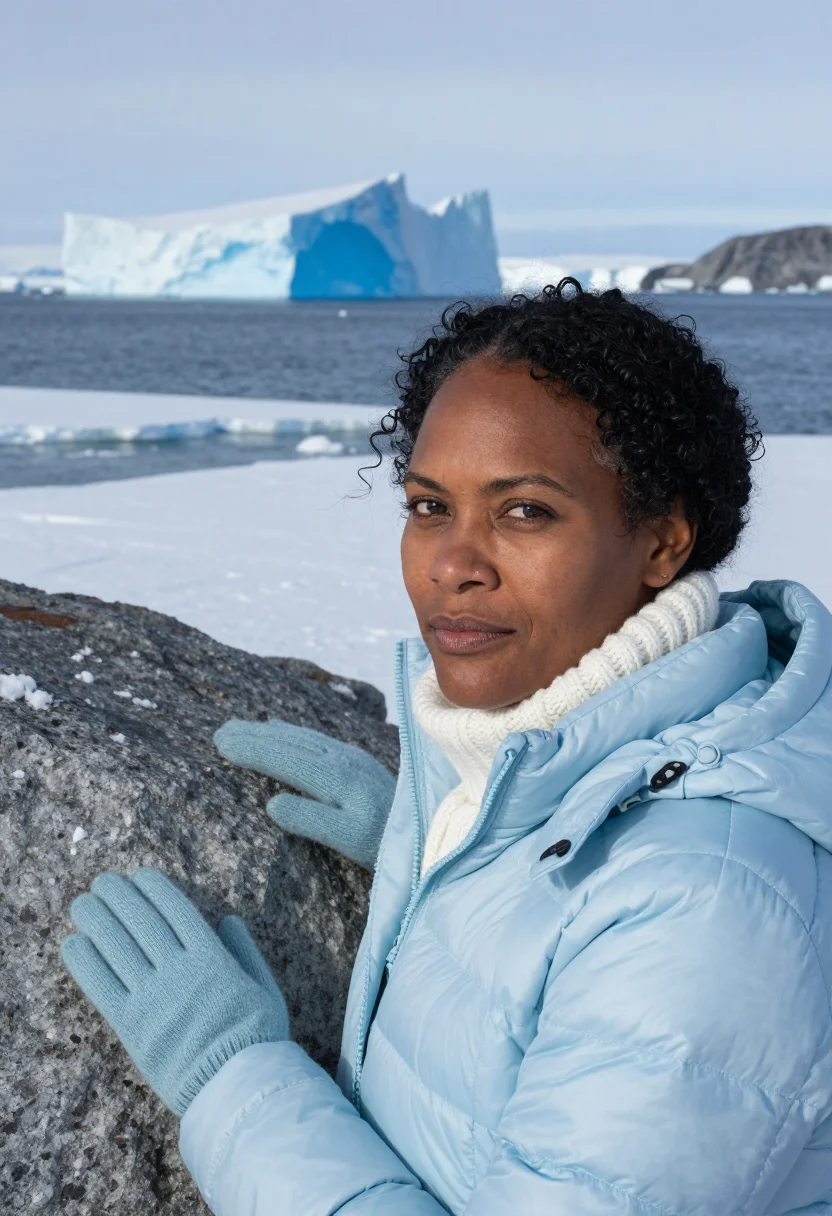 AI casey station marine biologist ice blue sample — portrait of a woman, framed tight, head and shoulders, the b