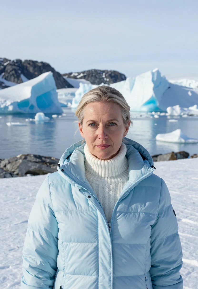 AI casey station marine biologist ice blue sample — portrait of a woman, framed chest-up, the camera at eye leve