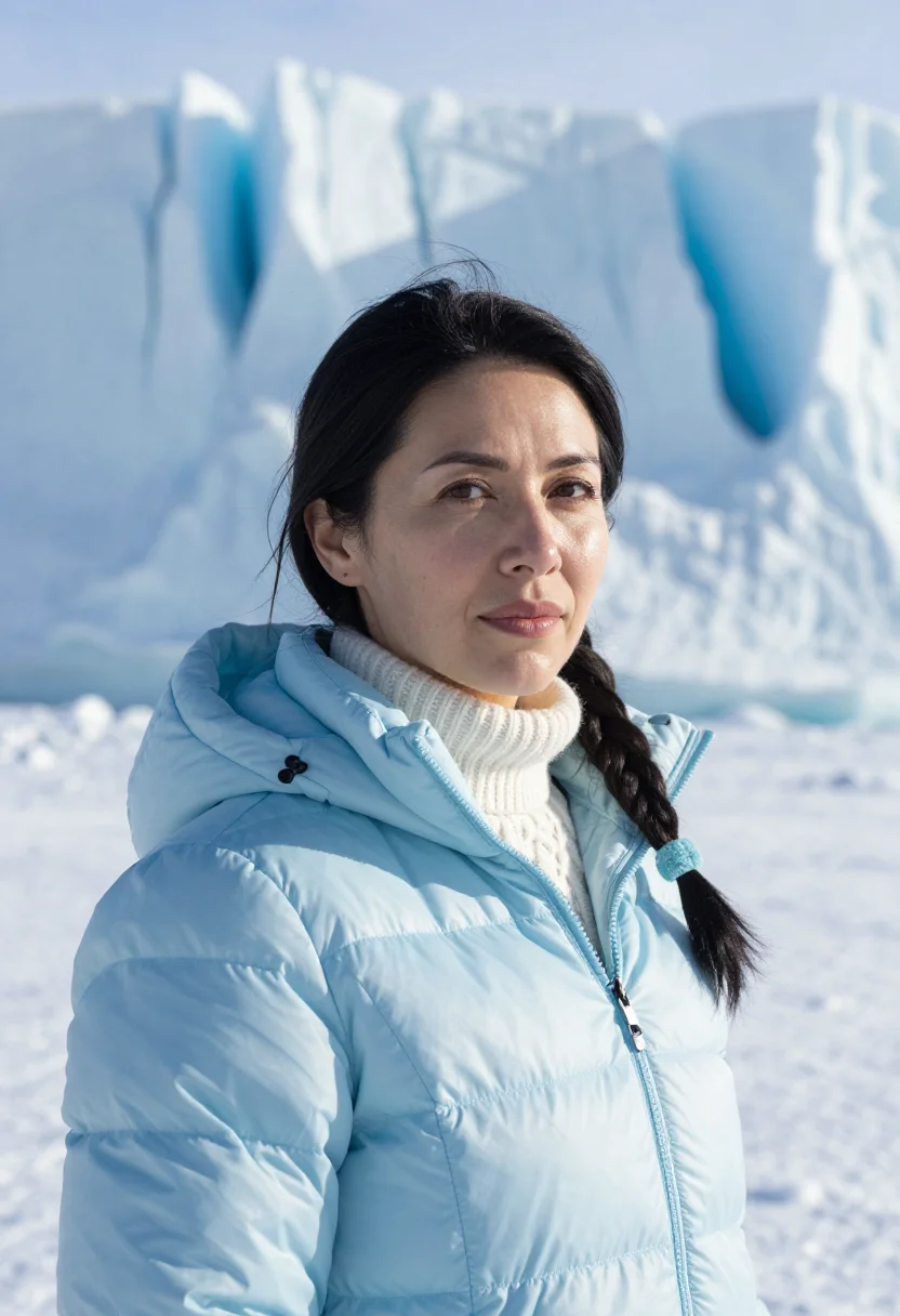 AI casey station marine biologist ice blue sample — portrait of a woman, framed chest-up, the camera at eye leve