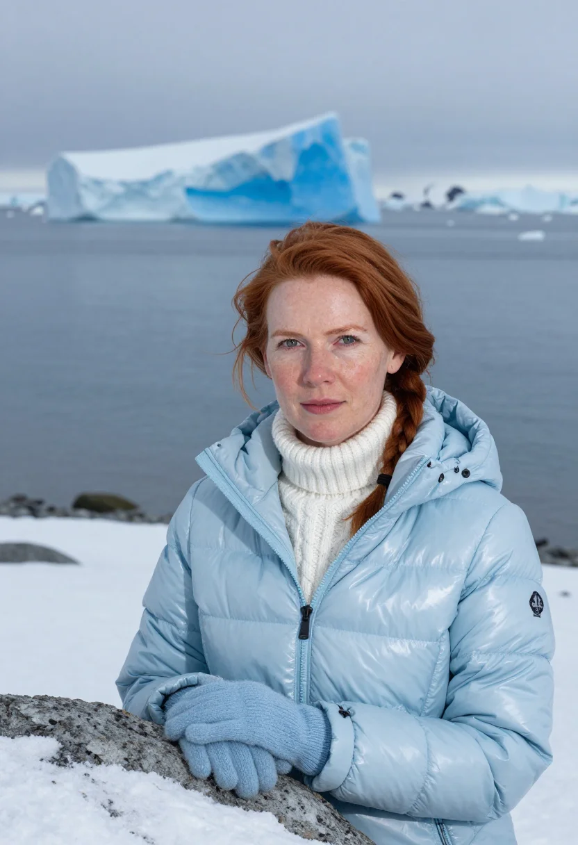AI casey station marine biologist ice blue sample — portrait of a woman, framed chest-up, the camera at eye leve