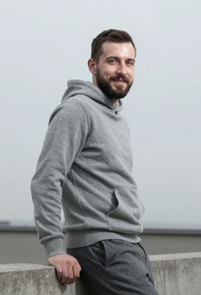 AI cashmere hoodie profile grey sample — portrait of a man, framed chest-up, cropped at the ribs, the