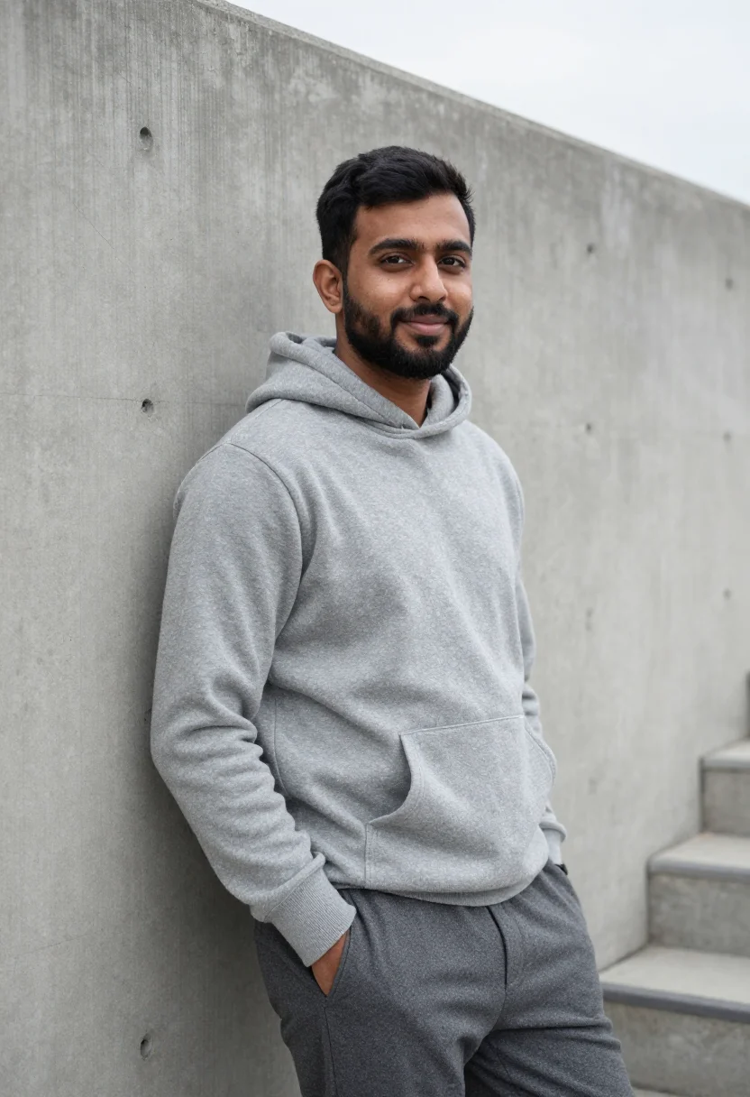 AI cashmere hoodie profile grey sample — portrait of a man, framed half-length from the head to the h