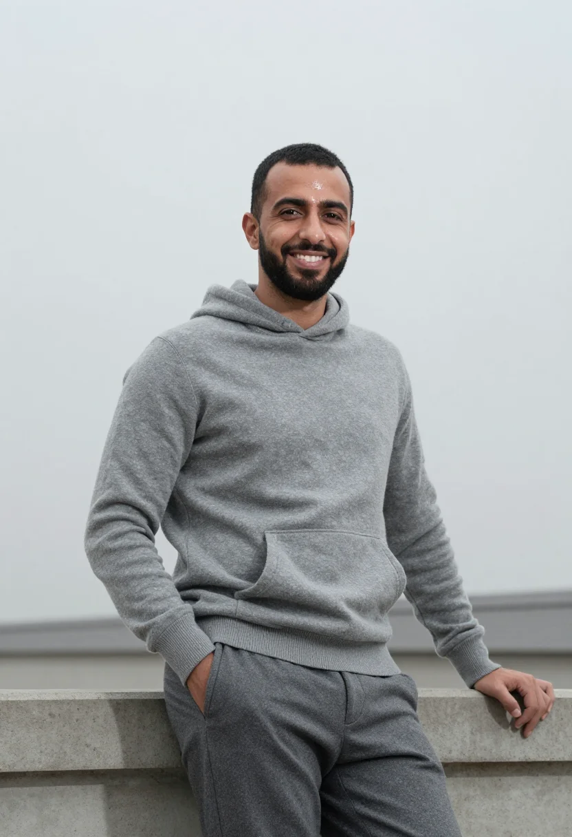 AI cashmere hoodie profile grey sample — portrait of a man, framed half-length from the head to the h