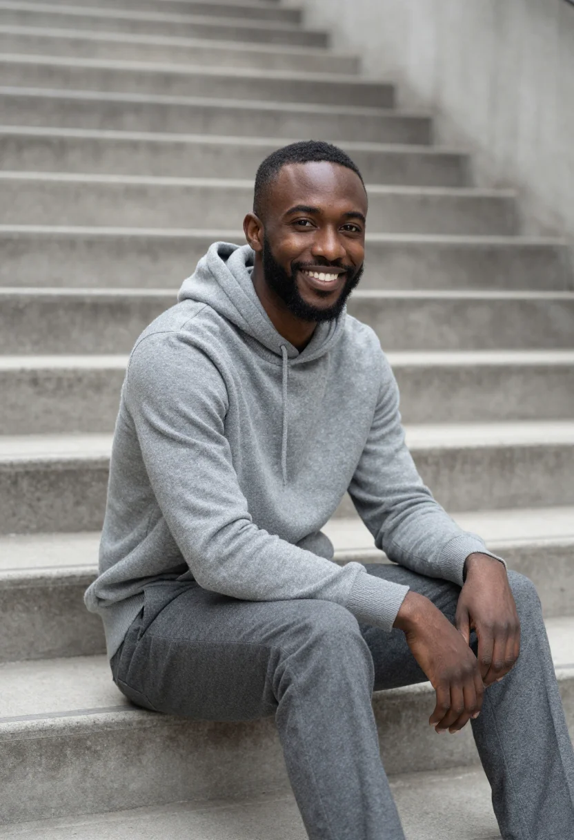 AI cashmere hoodie profile grey sample — portrait of a man, framed three-quarter length from the head