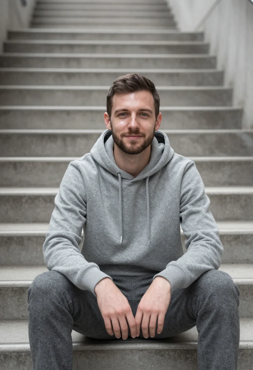 AI cashmere hoodie profile grey sample — portrait of a man, framed chest-up, cropped at the ribs, the