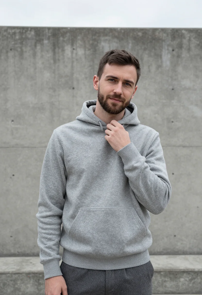 AI cashmere hoodie profile grey sample — portrait of a man, framed chest-up, cropped at the ribs, the