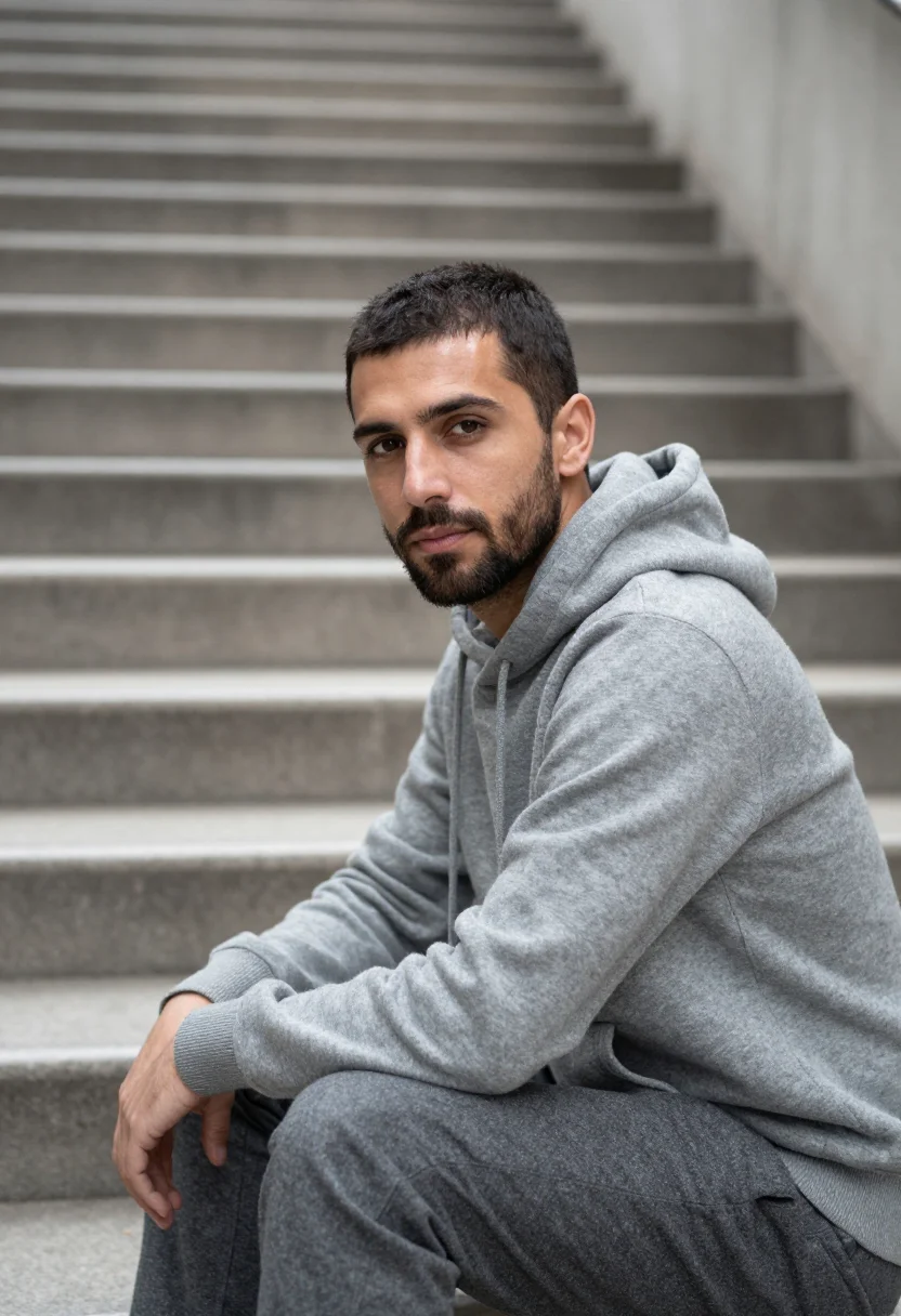 AI cashmere hoodie profile grey sample — portrait of a man, framed tight, head and shoulders, the bod