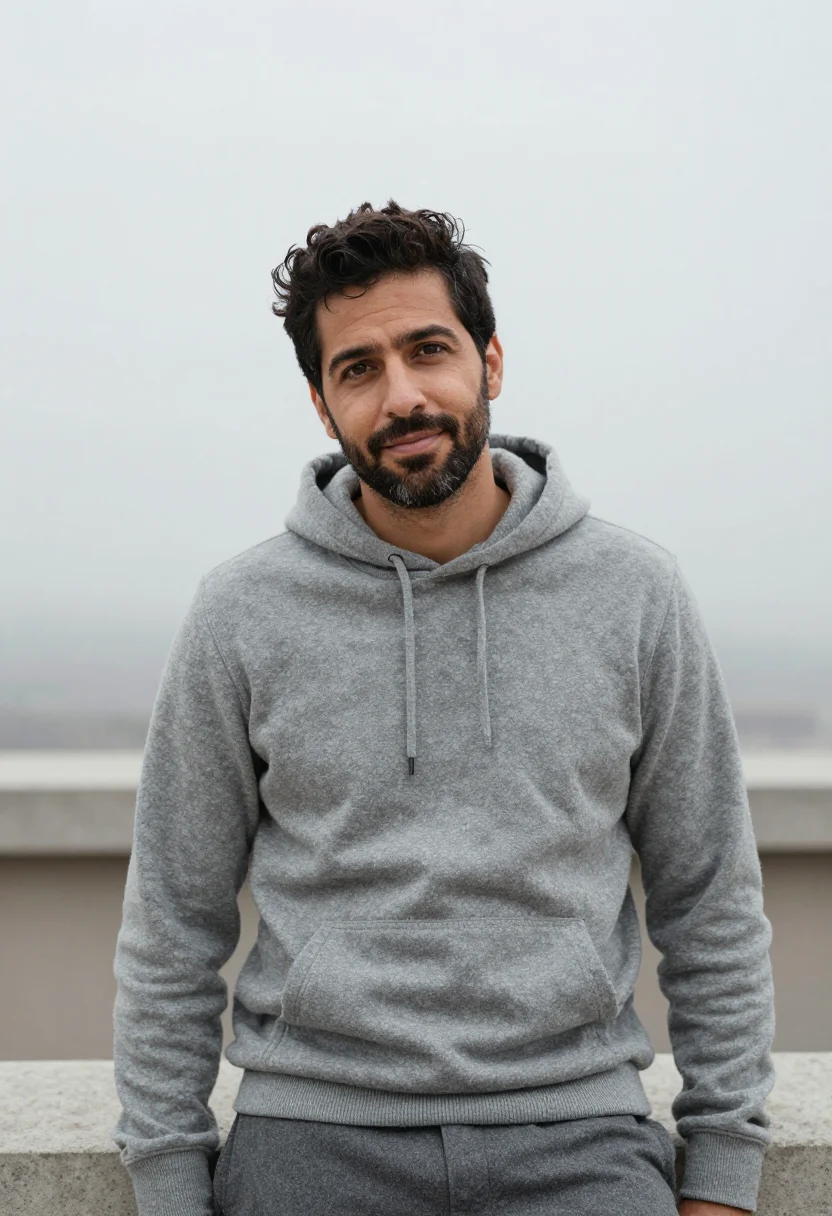AI cashmere hoodie profile grey sample — portrait of a man, framed tight, head and shoulders, the bod
