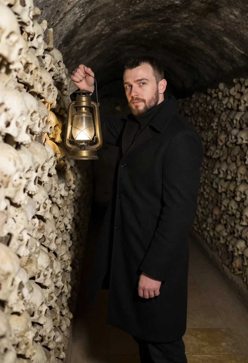 AI catacombes paris sample — portrait of a man, three-quarter-length portrait of a Wester