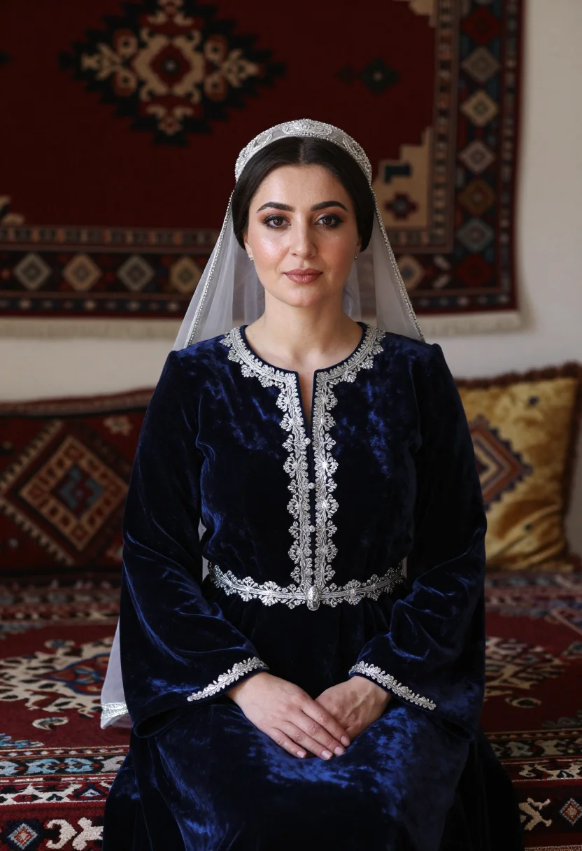 AI caucasus gown sample — Half-length formal portrait photograph of a Circassian woman