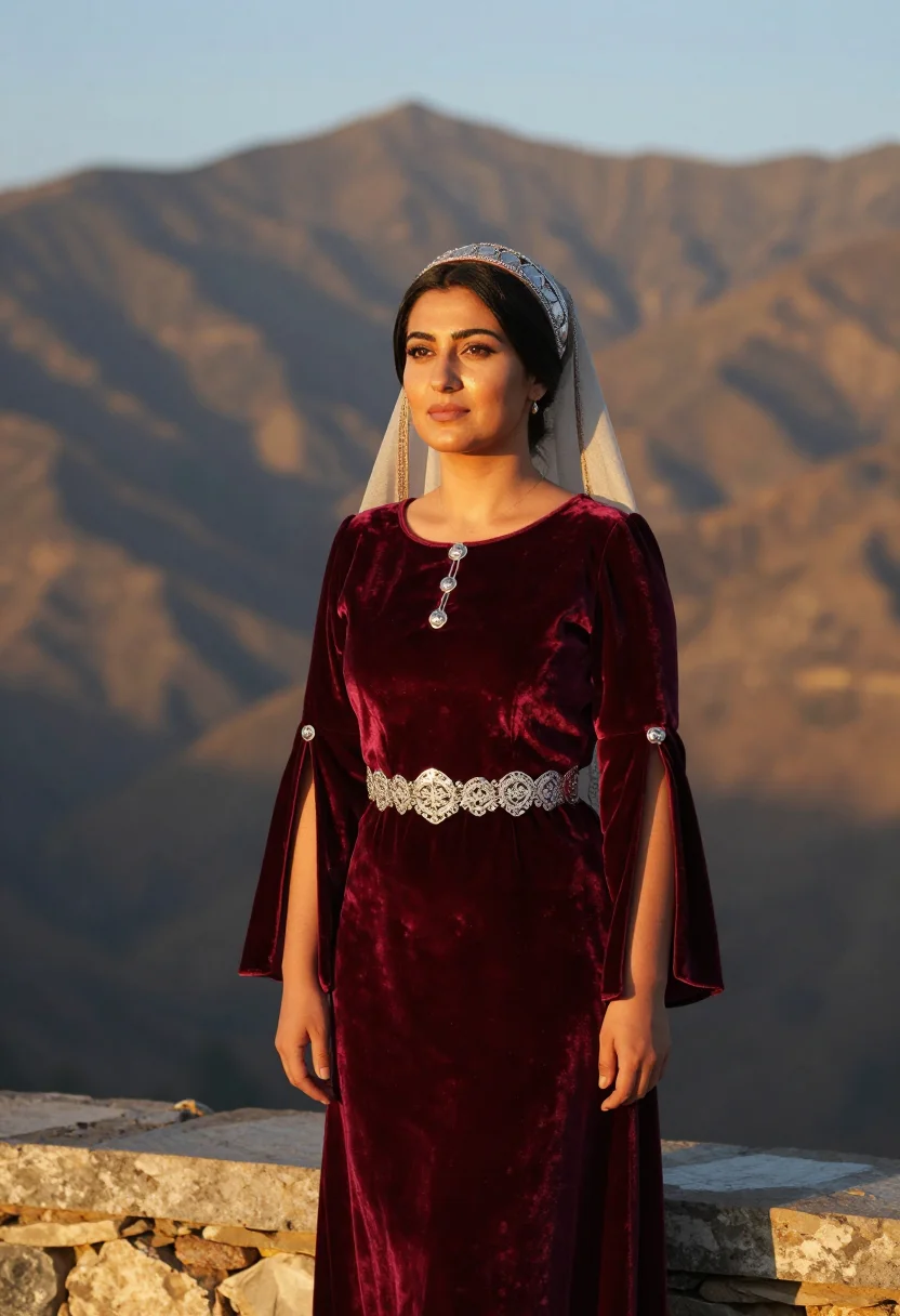 AI caucasus gown sample — Three-quarter-length portrait photograph of a Circassian wom