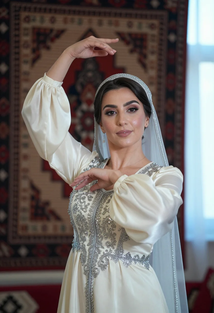 AI caucasus gown sample — Bust-length portrait photograph of a Circassian woman with o