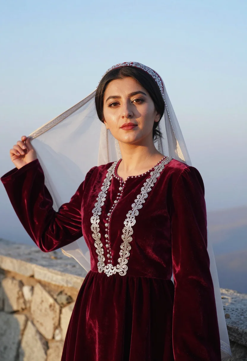 AI caucasus gown sample — Bust-length portrait photograph of a Circassian woman with w