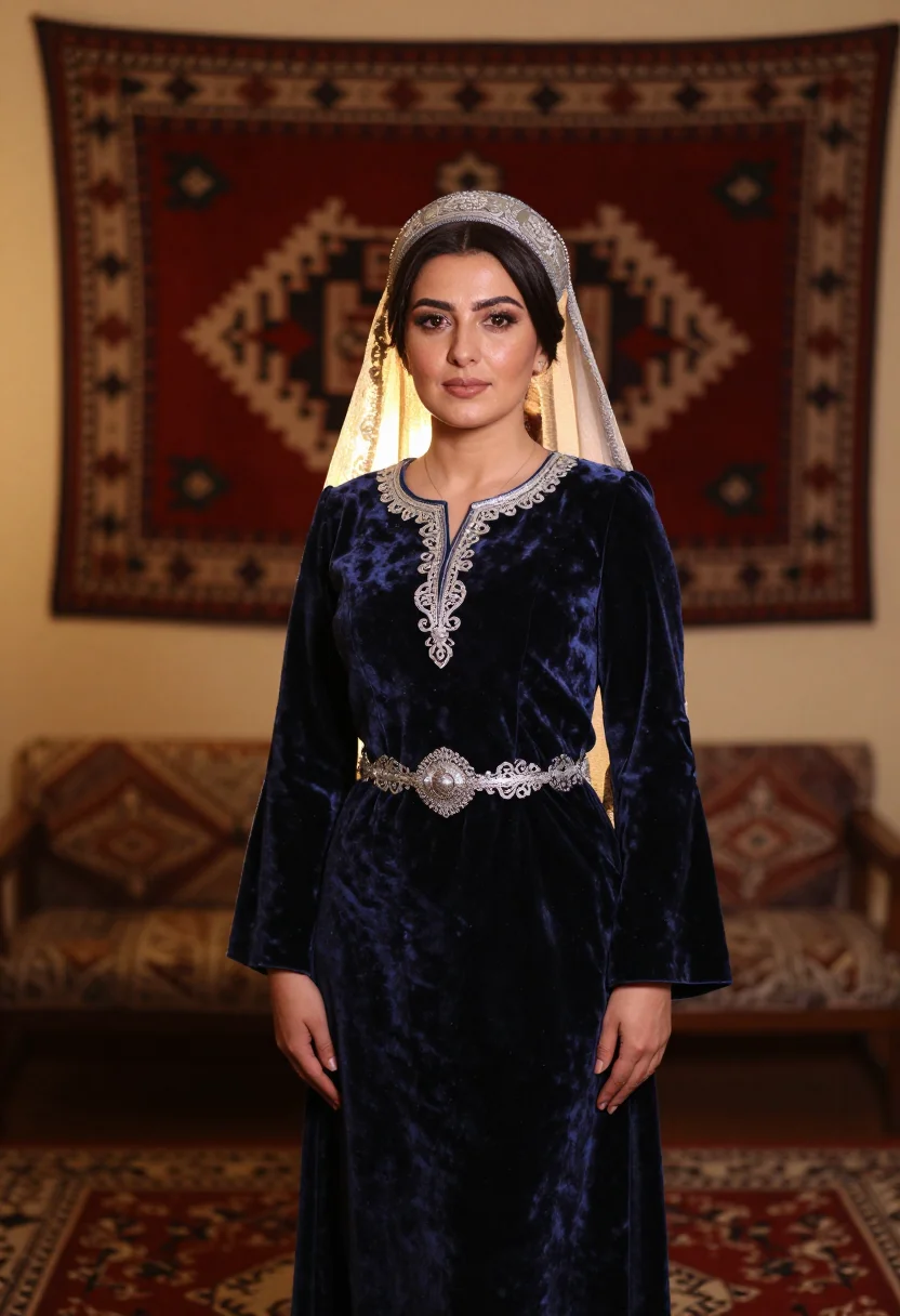 AI caucasus gown sample — Three-quarter-length formal portrait photograph of a Circass