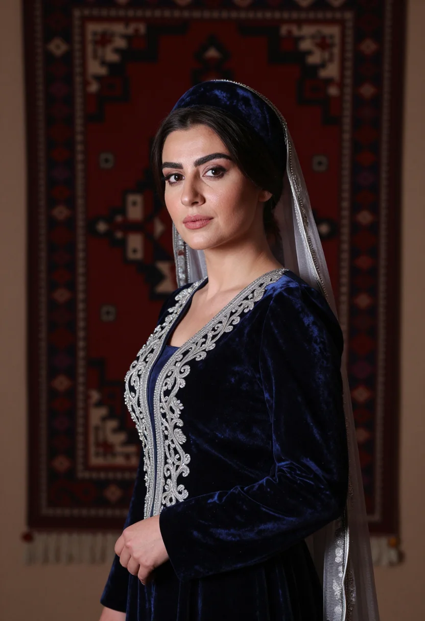AI caucasus gown sample — Bust-length formal portrait photograph of a Circassian woman