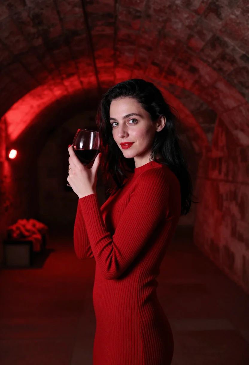 AI caveau de la huchette january red sample — portrait of a woman, framed chest-up, cropped at the ribs, t