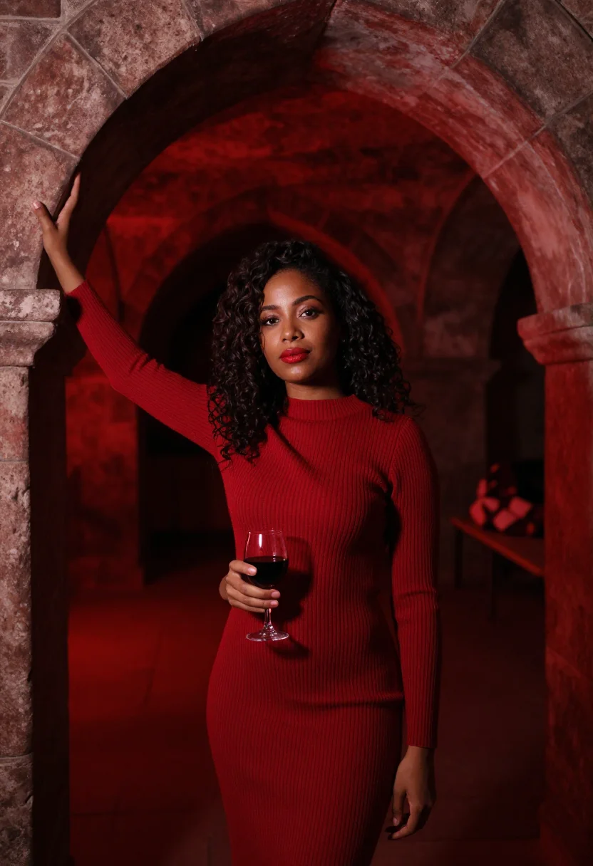 AI caveau de la huchette january red sample — portrait of a woman, framed half-length from the head to the