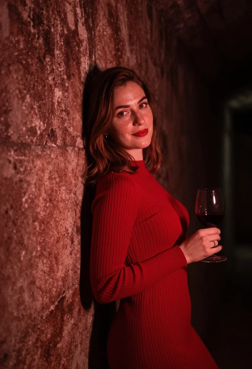 AI caveau de la huchette january red sample — portrait of a woman, framed chest-up, cropped at the ribs, t