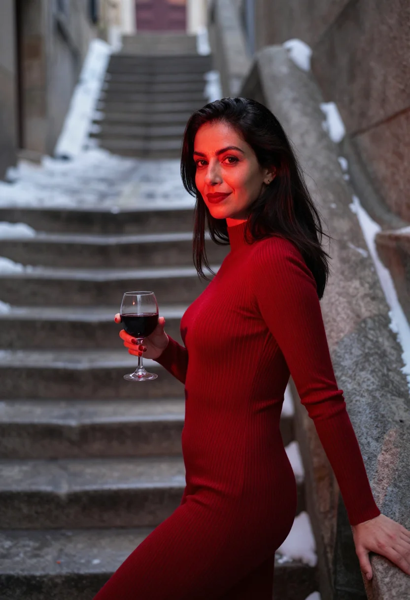 AI caveau de la huchette january red sample — portrait of a woman, framed chest-up, cropped at the ribs, t