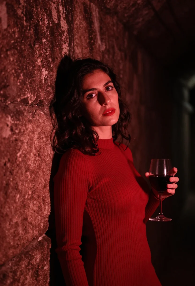 AI caveau de la huchette january red sample — portrait of a woman, framed tight, head and shoulders, the b