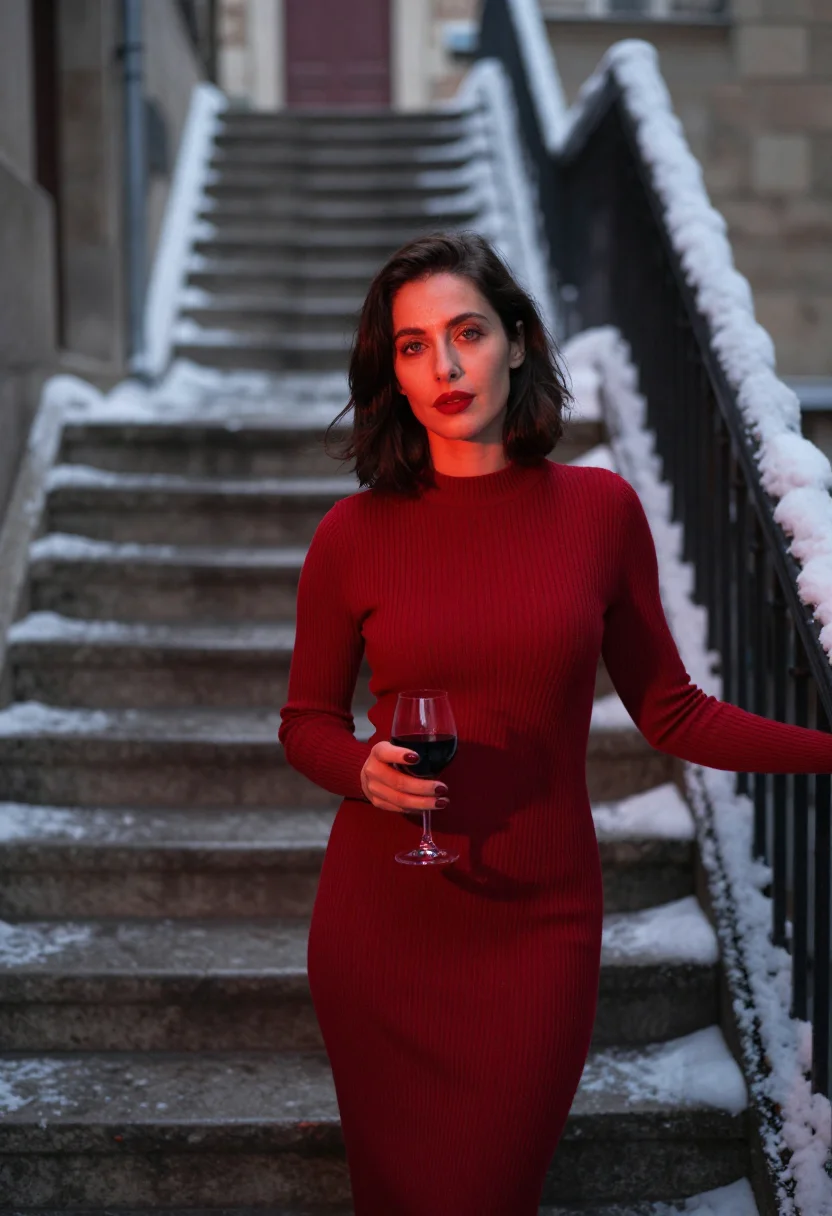 AI caveau de la huchette january red sample — portrait of a woman, framed half-length from the head to the