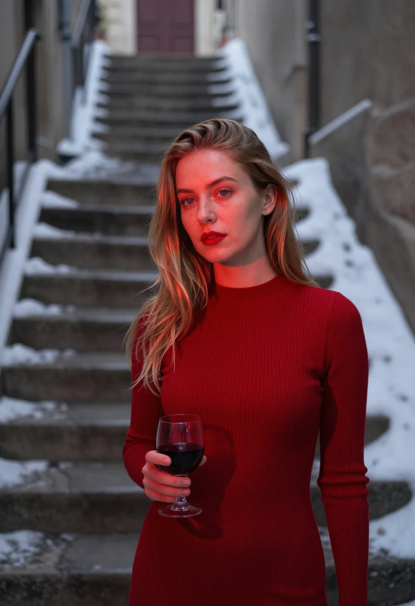 AI caveau de la huchette january red sample — portrait of a woman, framed tight, head and shoulders, the b