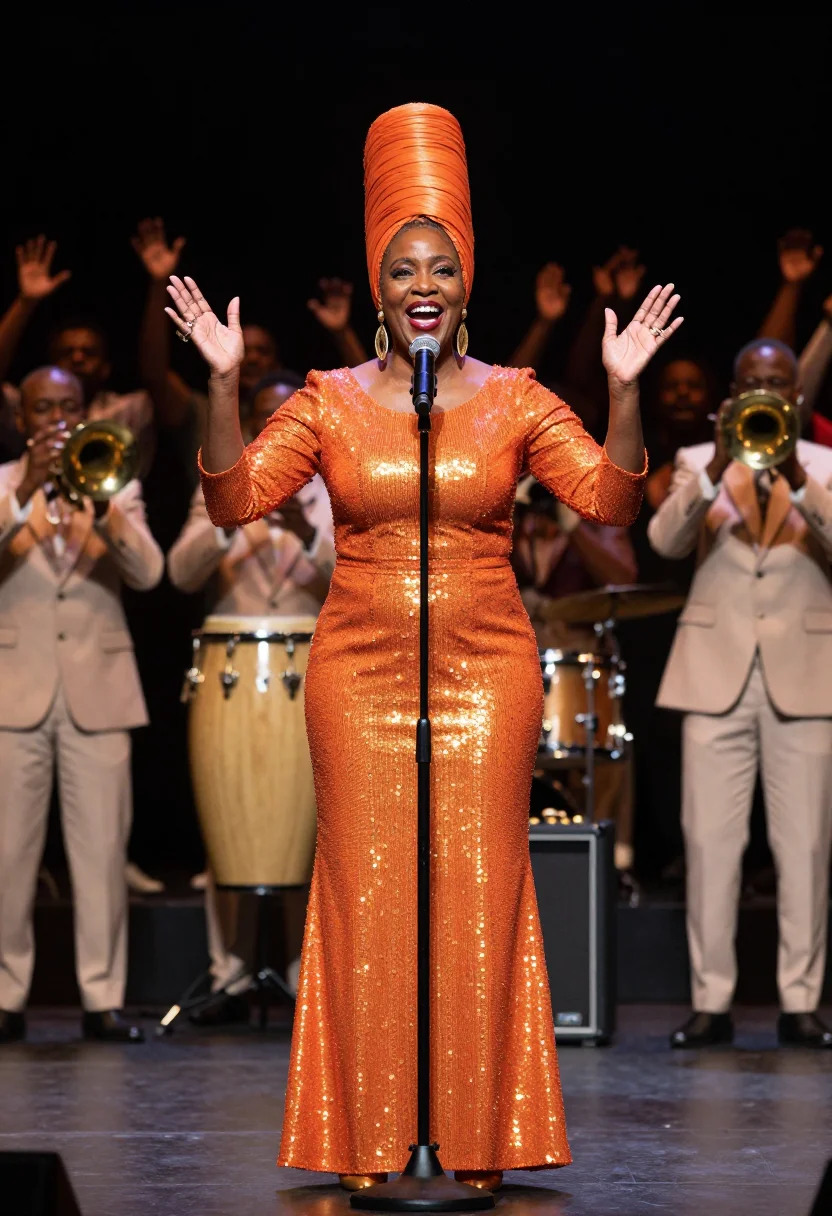 AI celia cruz sample — portrait of a woman, a waist-up stage photograph of a woman
