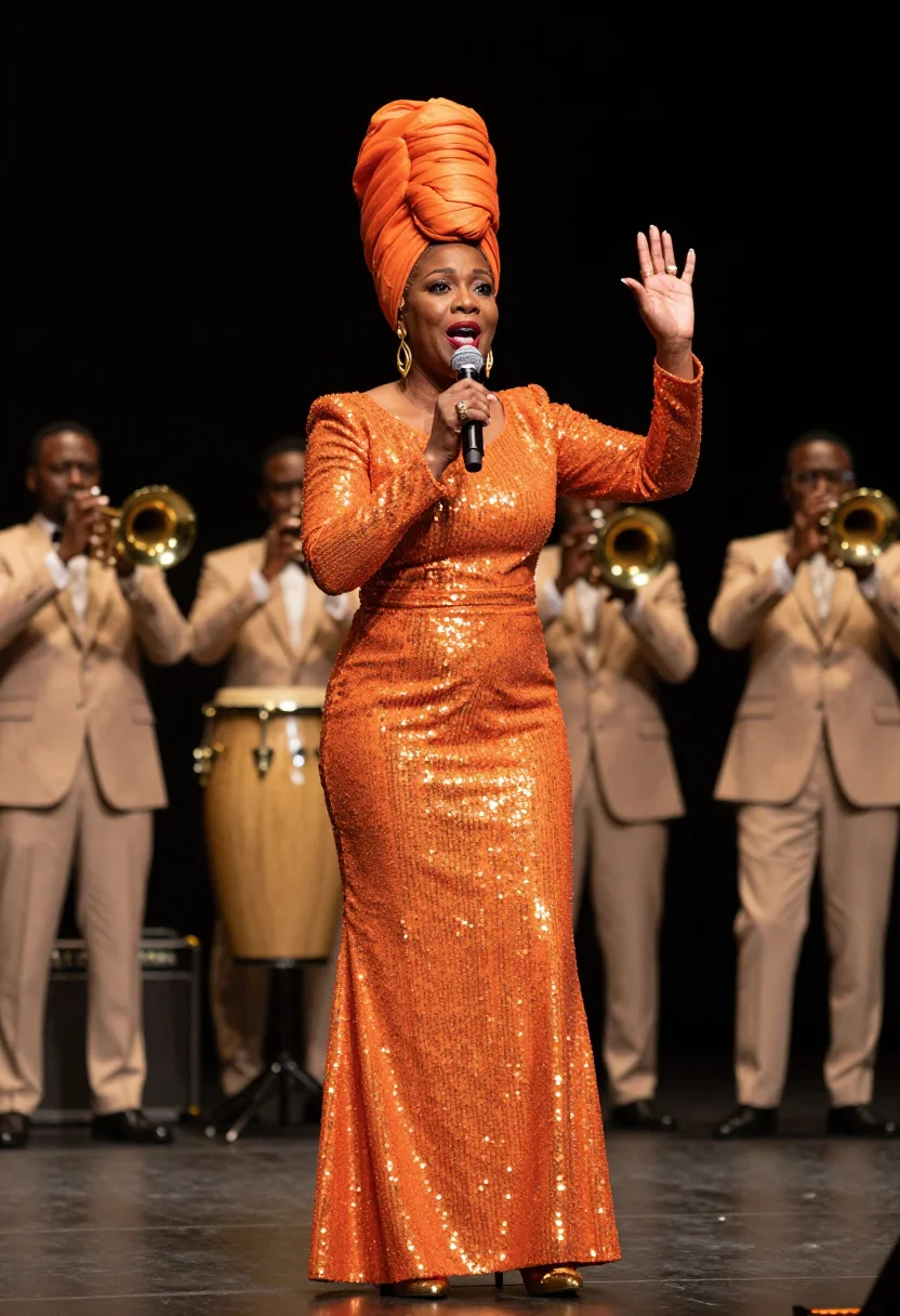 AI celia cruz sample — portrait of a woman, a three-quarter-length stage photograph